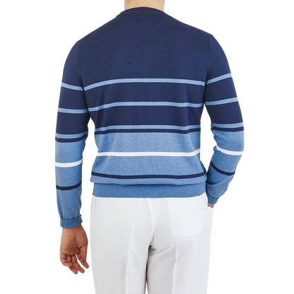 Canali Blue Striped Cotton Crewneck Sweater Back