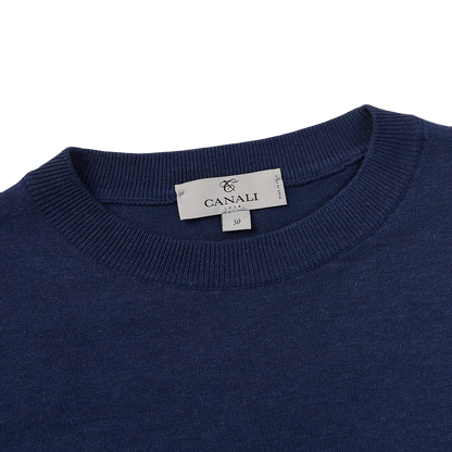 Canali Blue Striped Cotton Crewneck Sweater Collar