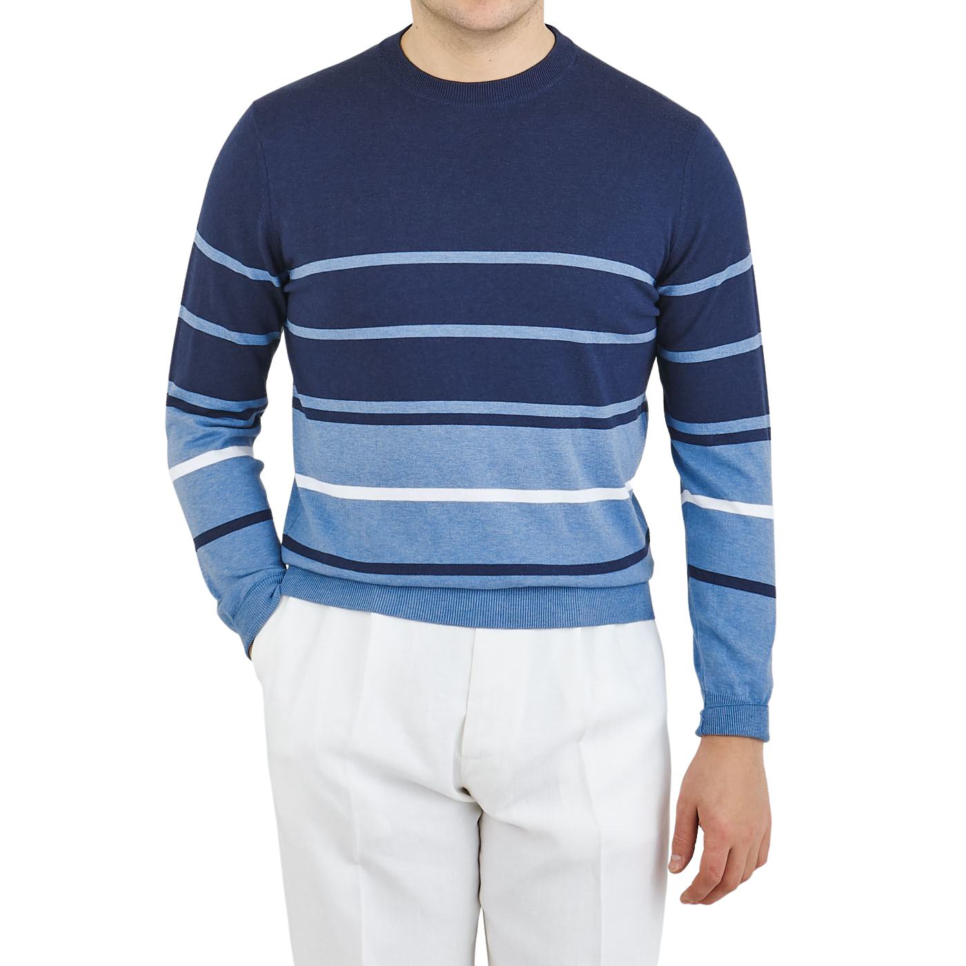 Canali Blue Striped Cotton Crewneck Sweater Front