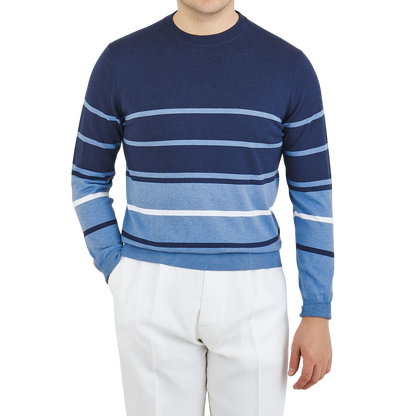 Canali Blue Striped Cotton Crewneck Sweater Front