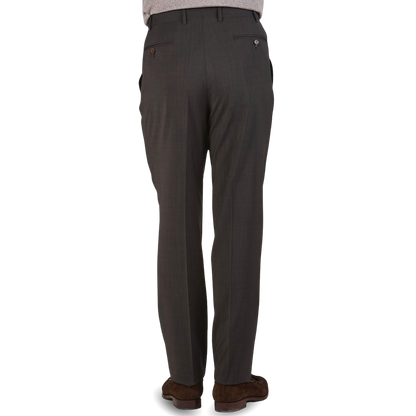 Canali Brown Melange Travel Wool Single Pleat Trousers Back