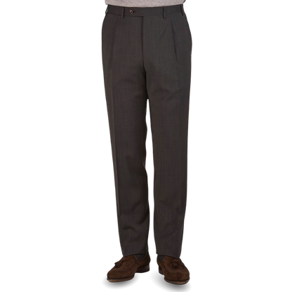Canali Brown Melange Travel Wool Single Pleat Trousers Front1