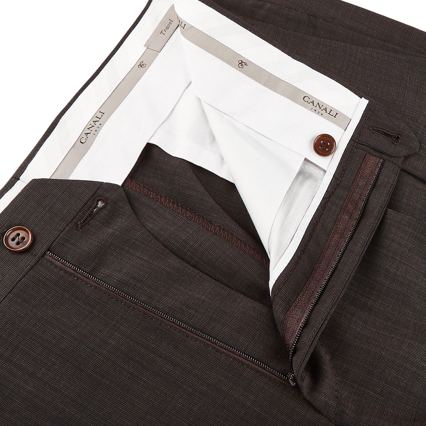 Canali Brown Melange Travel Wool Single Pleat Trousers Zipper