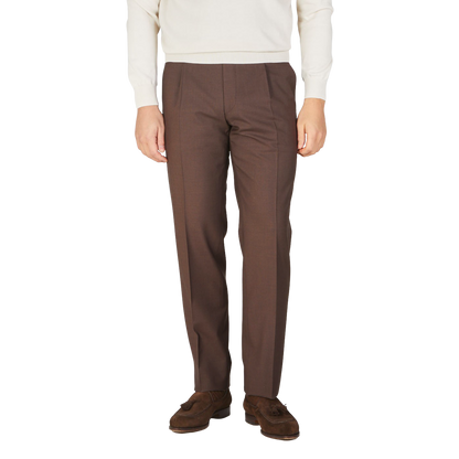Canali Brown Tropical Wool Single Pleat Trousers Front