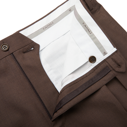 Canali Brown Tropical Wool Single Pleat Trousers Zipper