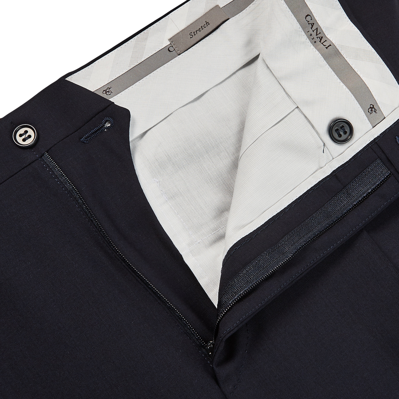 Canali Dark Matte Blue Wool Stretch Trousers Zipper