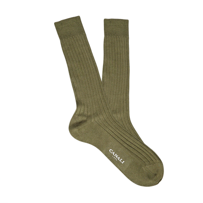 Stylish olive green Green Ribbed Cotton Socks with the word Canali on them.