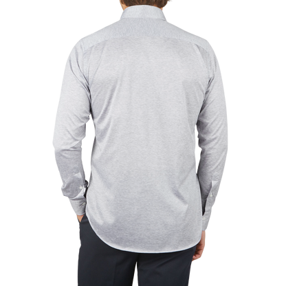 Canali Grey Melange Cotton Jersey Hidden BD Shirt Back