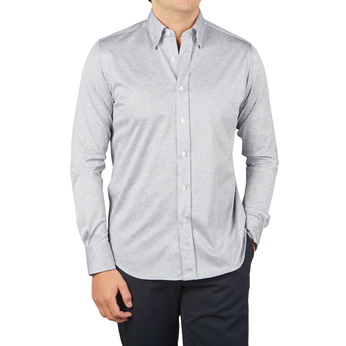 Canali Grey Melange Cotton Jersey Hidden BD Shirt Front