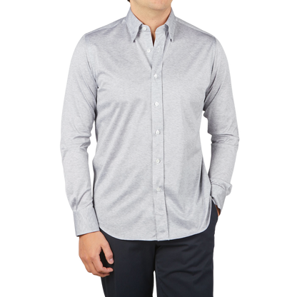 Canali Grey Melange Cotton Jersey Hidden BD Shirt Front