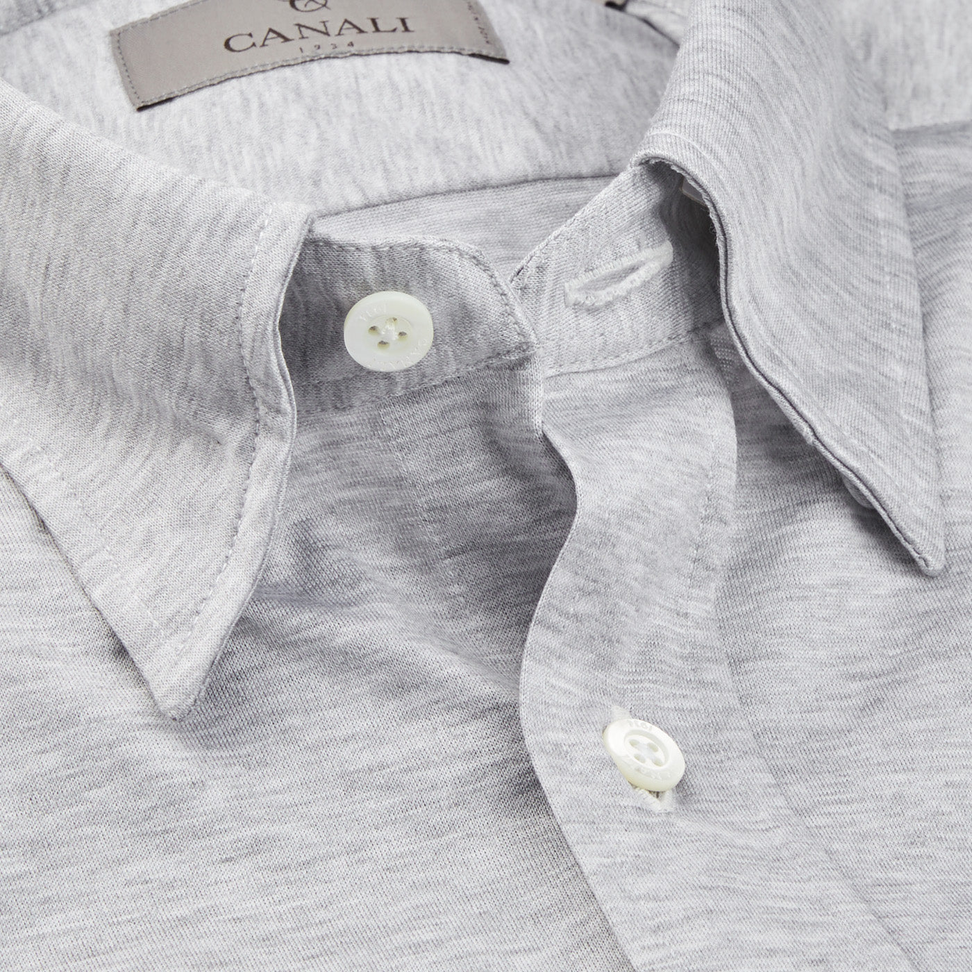 Canali Grey Melange Cotton Jersey Hidden BD Shirt Open