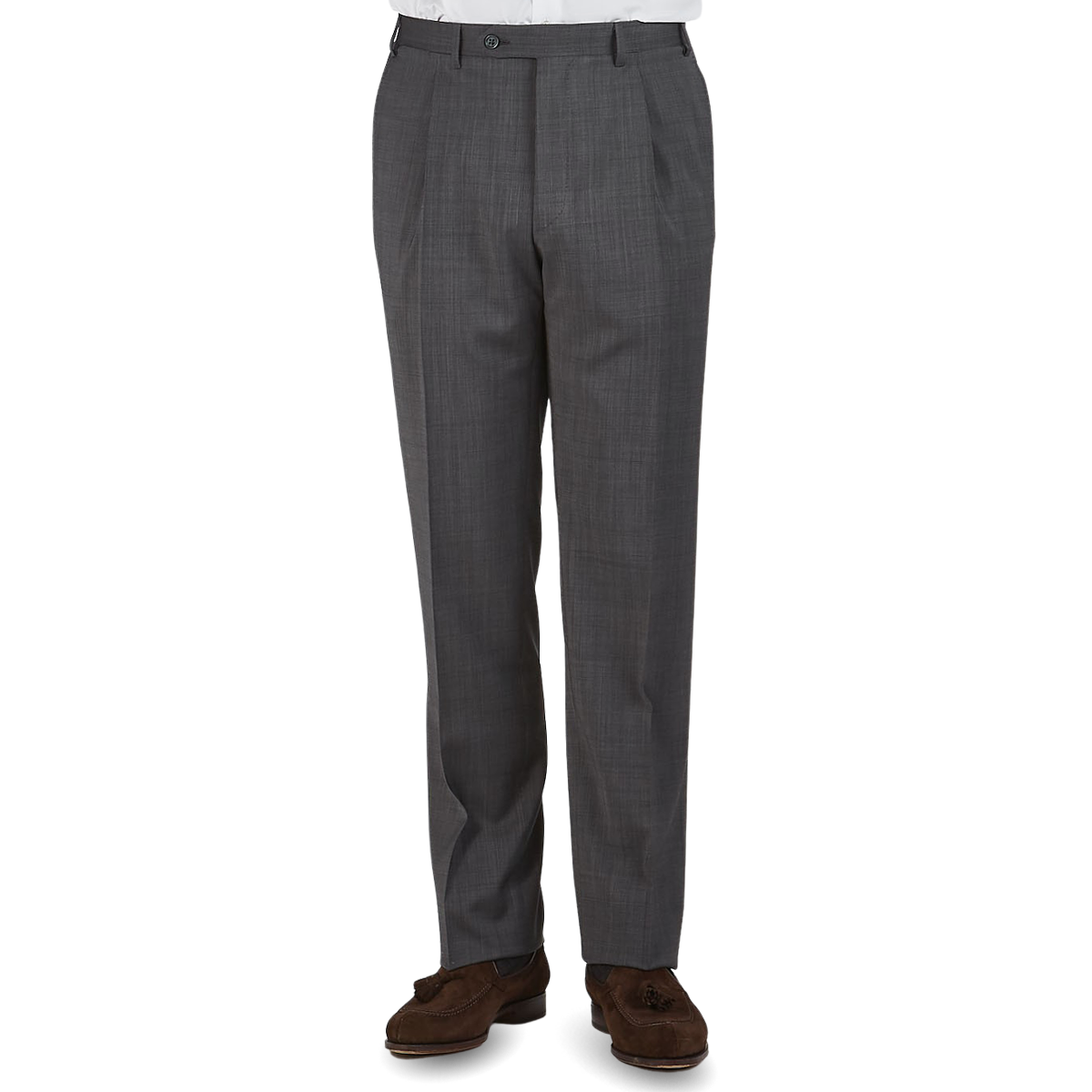 Canali Grey Melange Travel Wool Single Pleat Trousers Front