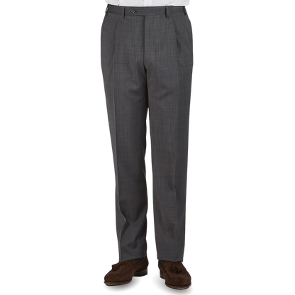 Canali Grey Melange Travel Wool Single Pleat Trousers Front