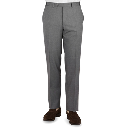 Canali Grey Tropical Wool Flat Front Trousers Front