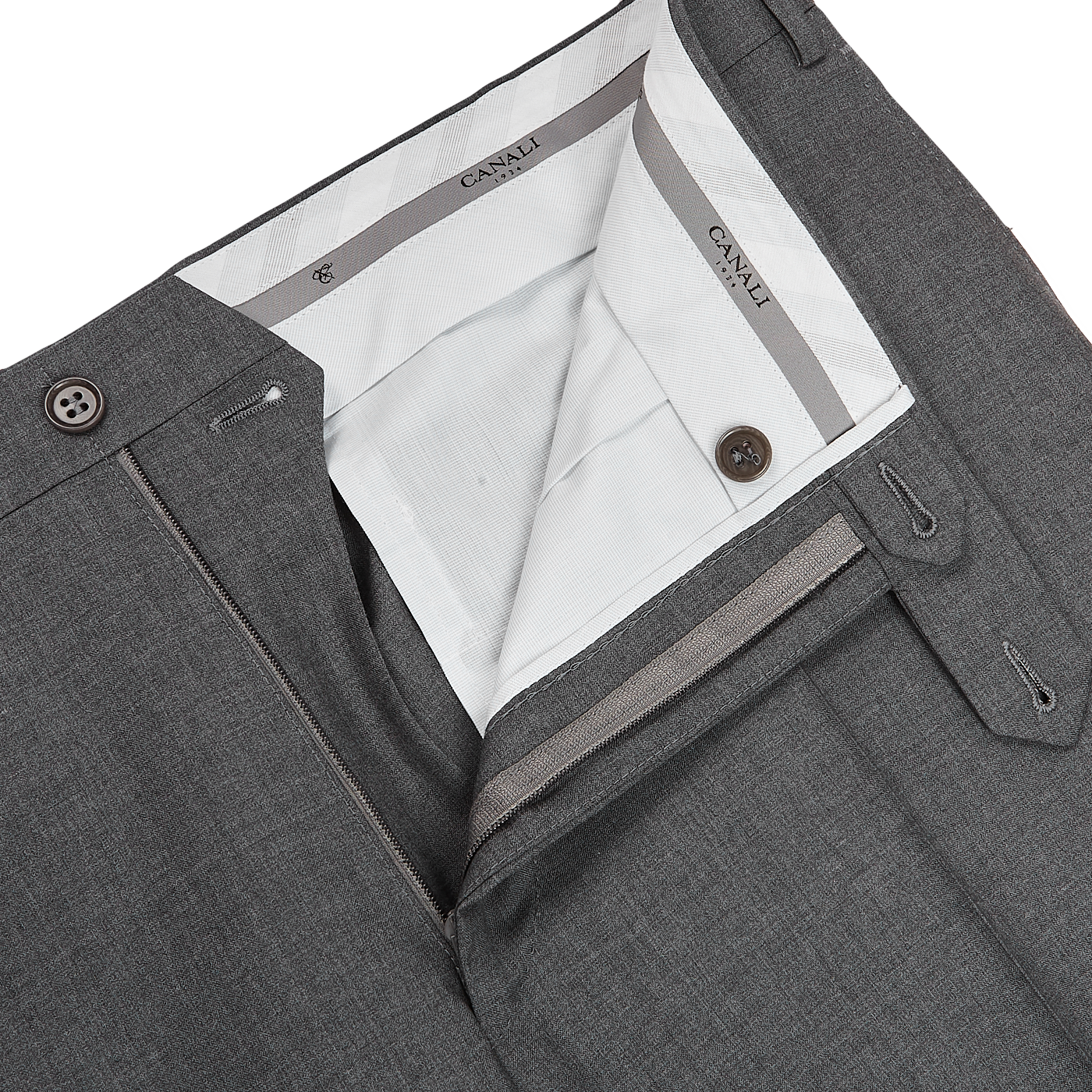 Canali Grey Tropical Wool Flat Front Trousers Zipper
