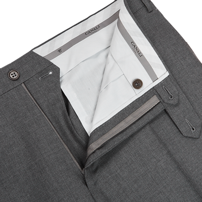 Canali Grey Tropical Wool Flat Front Trousers Zipper