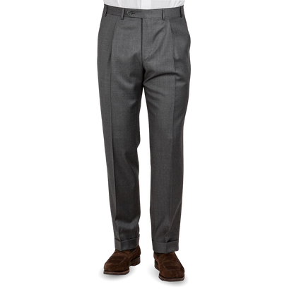 Canali Grey Wool Single Pleat Trousers Front