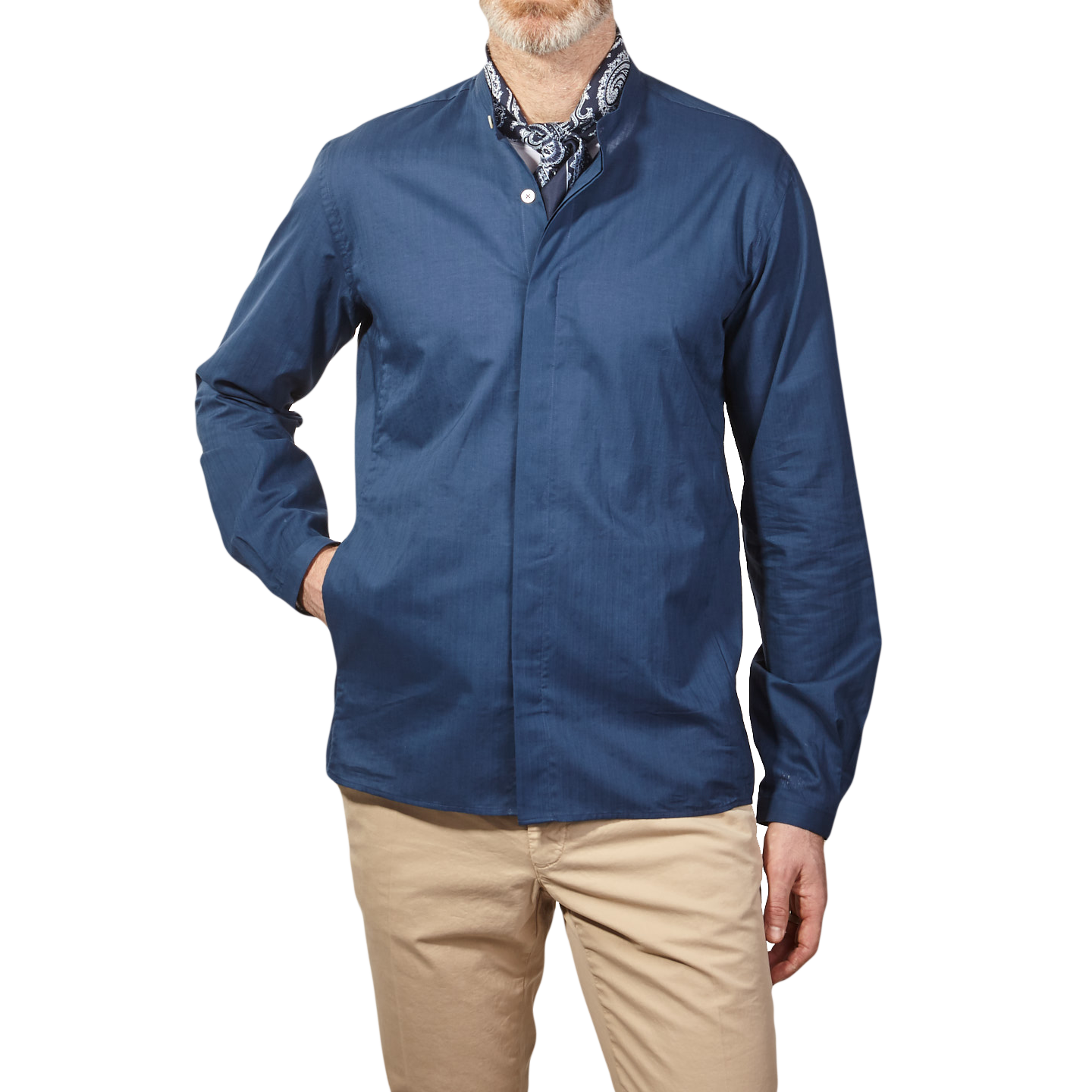 Canali Indigo Blue Grandad Shirt Front
