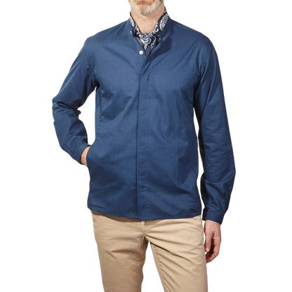 Canali Indigo Blue Grandad Shirt Front