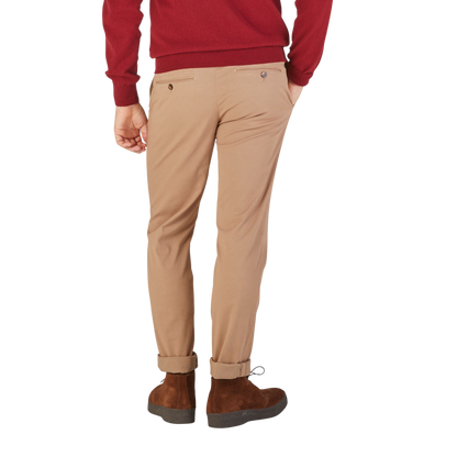 Canali Khaki Beige Cotton Stretch Flat Front Chinos Back