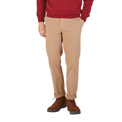 Canali Khaki Beige Cotton Stretch Flat Front Chinos Front