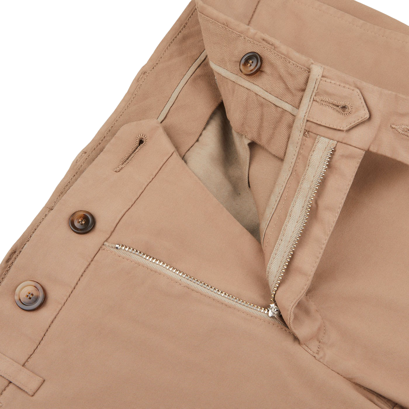 Canali Khaki Beige Cotton Stretch Flat Front Chinos Zipper