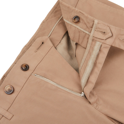 Canali Khaki Beige Cotton Stretch Flat Front Chinos Zipper