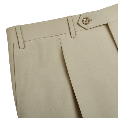 Canali Khaki Tropical Wool Single Pleat Trousers Edge