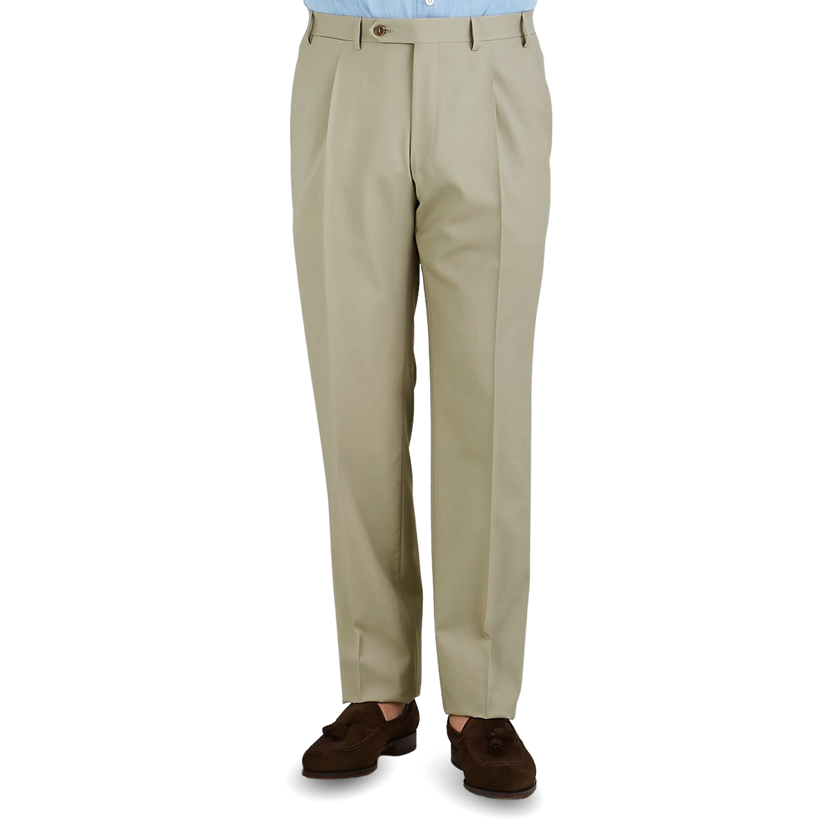Canali Khaki Tropical Wool Single Pleat Trousers Front