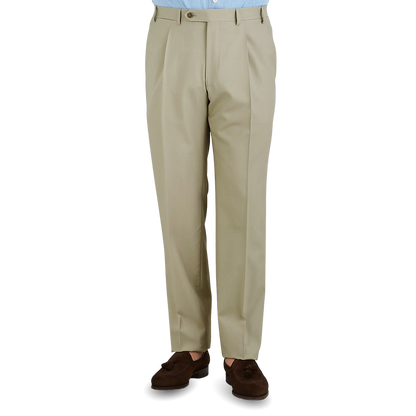 Canali Khaki Tropical Wool Single Pleat Trousers Front