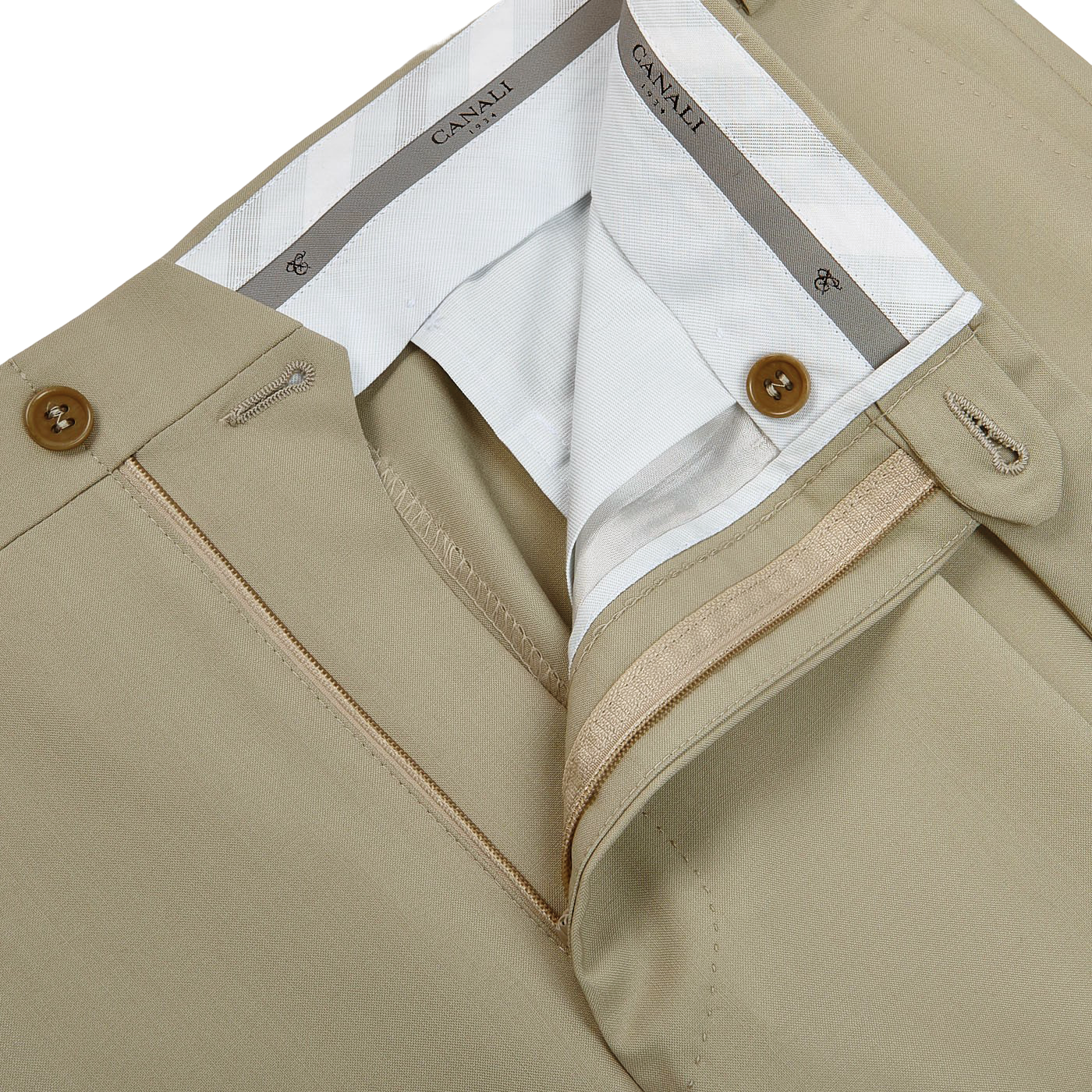 Canali Khaki Tropical Wool Single Pleat Trousers Zipper