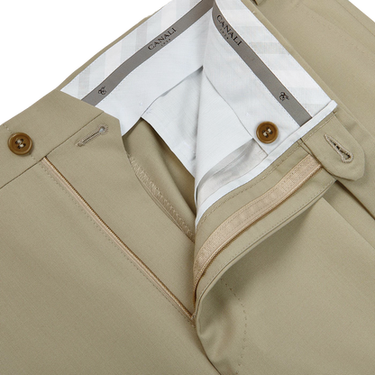Canali Khaki Tropical Wool Single Pleat Trousers Zipper