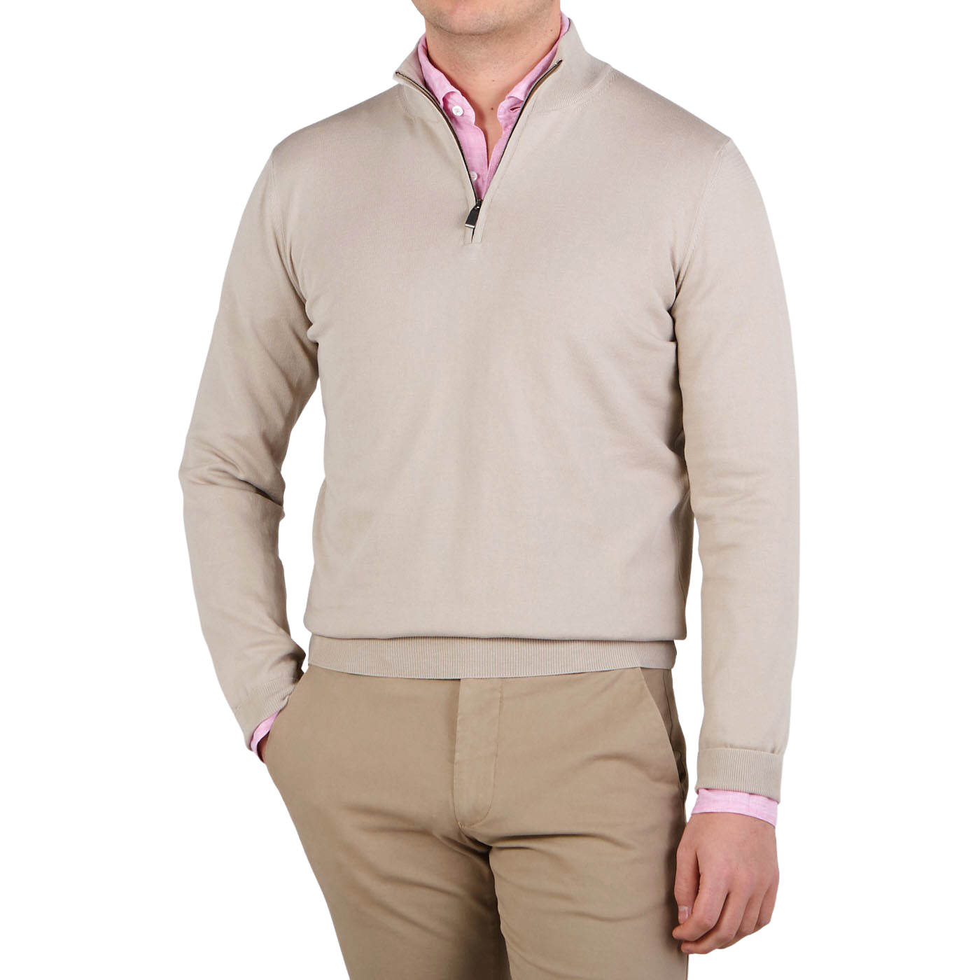 Canali Light Beige Fine Cotton 1:4 Zip Sweater Front
