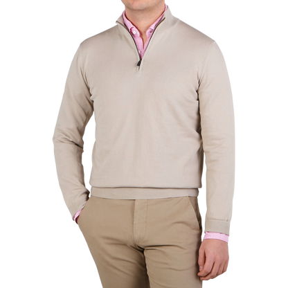 Canali Light Beige Fine Cotton 1:4 Zip Sweater Front