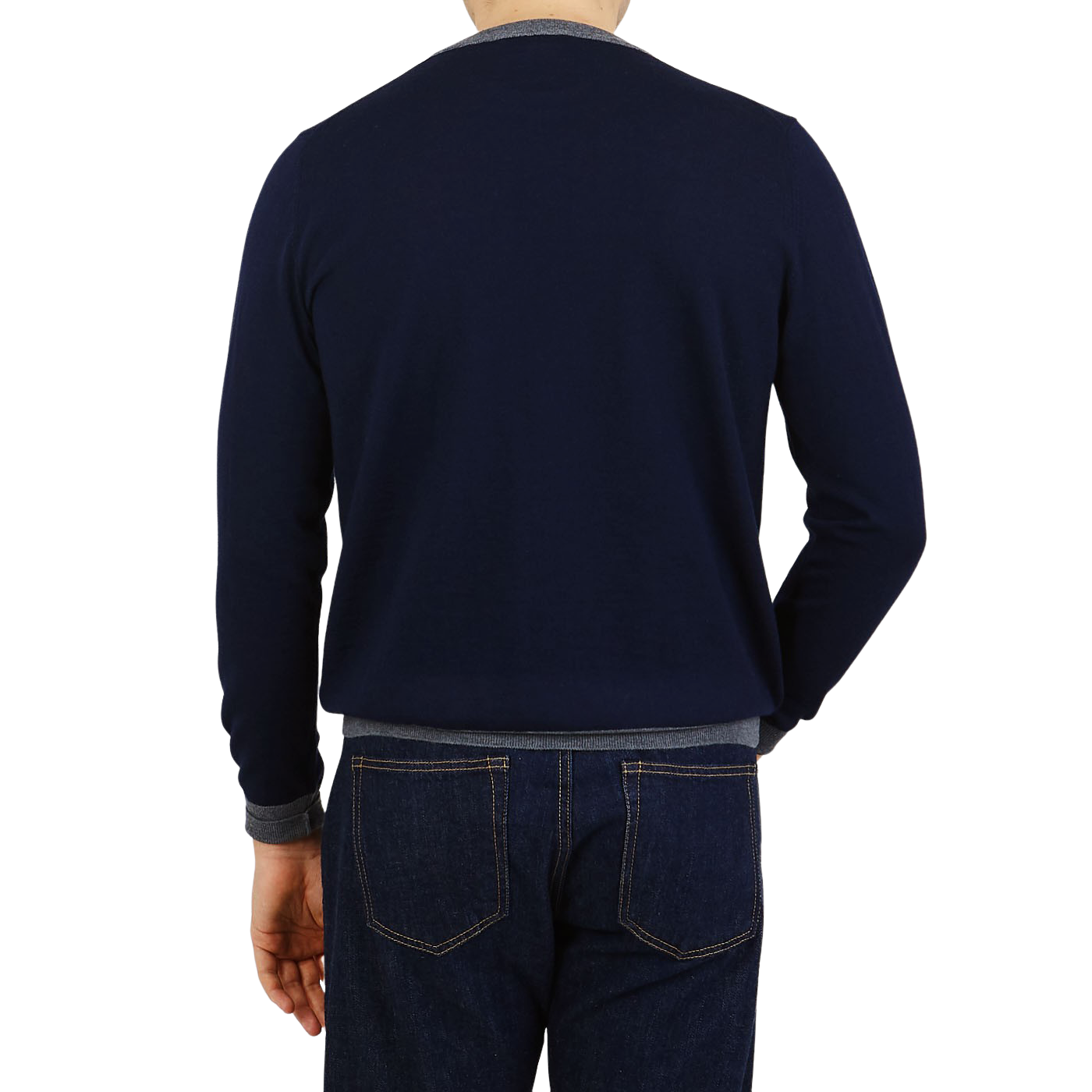Canali Navy Grey Merino Wool College Sweater Back