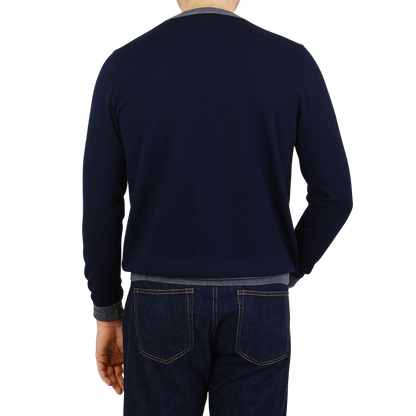 Canali Navy Grey Merino Wool College Sweater Back