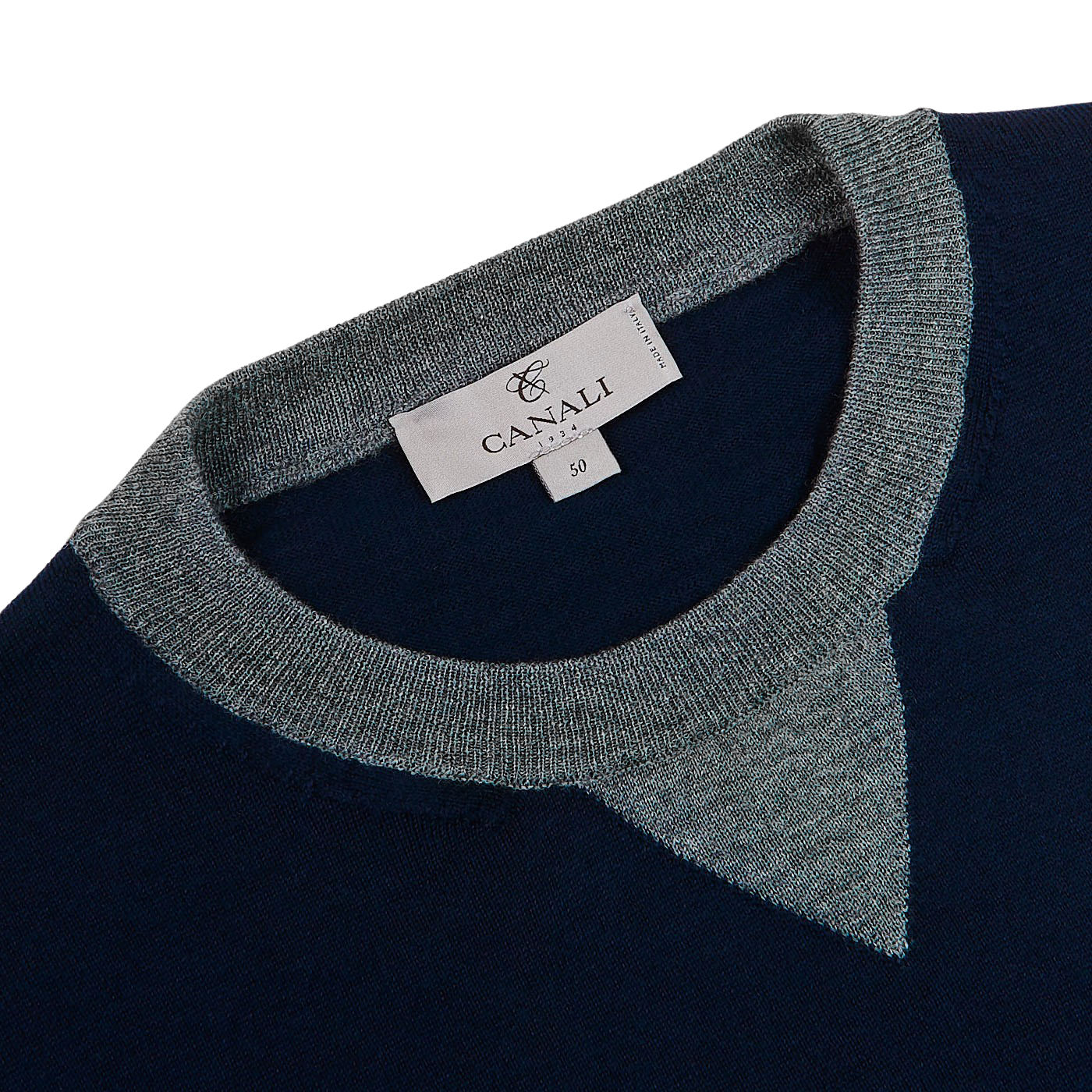 Canali Navy Grey Merino Wool College Sweater Collar