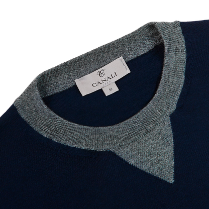 Canali Navy Grey Merino Wool College Sweater Collar