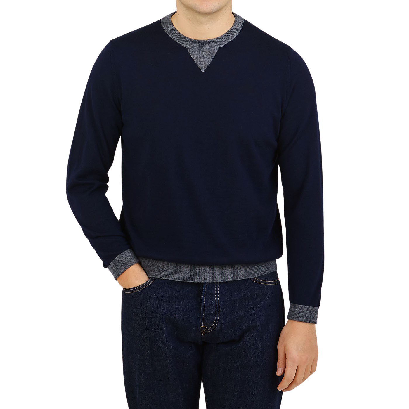 Canali Navy Grey Merino Wool College Sweater Front