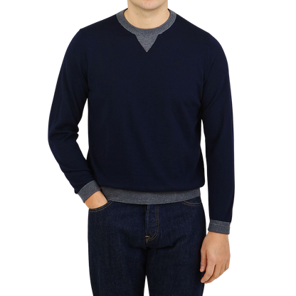 Canali Navy Grey Merino Wool College Sweater Front