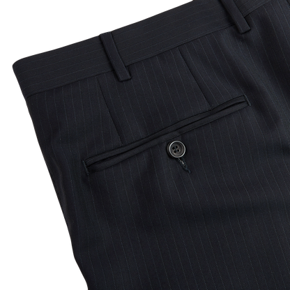 Close up of Canali Navy Pinstripe Super 150s Wool Drop 4 suit trousers.