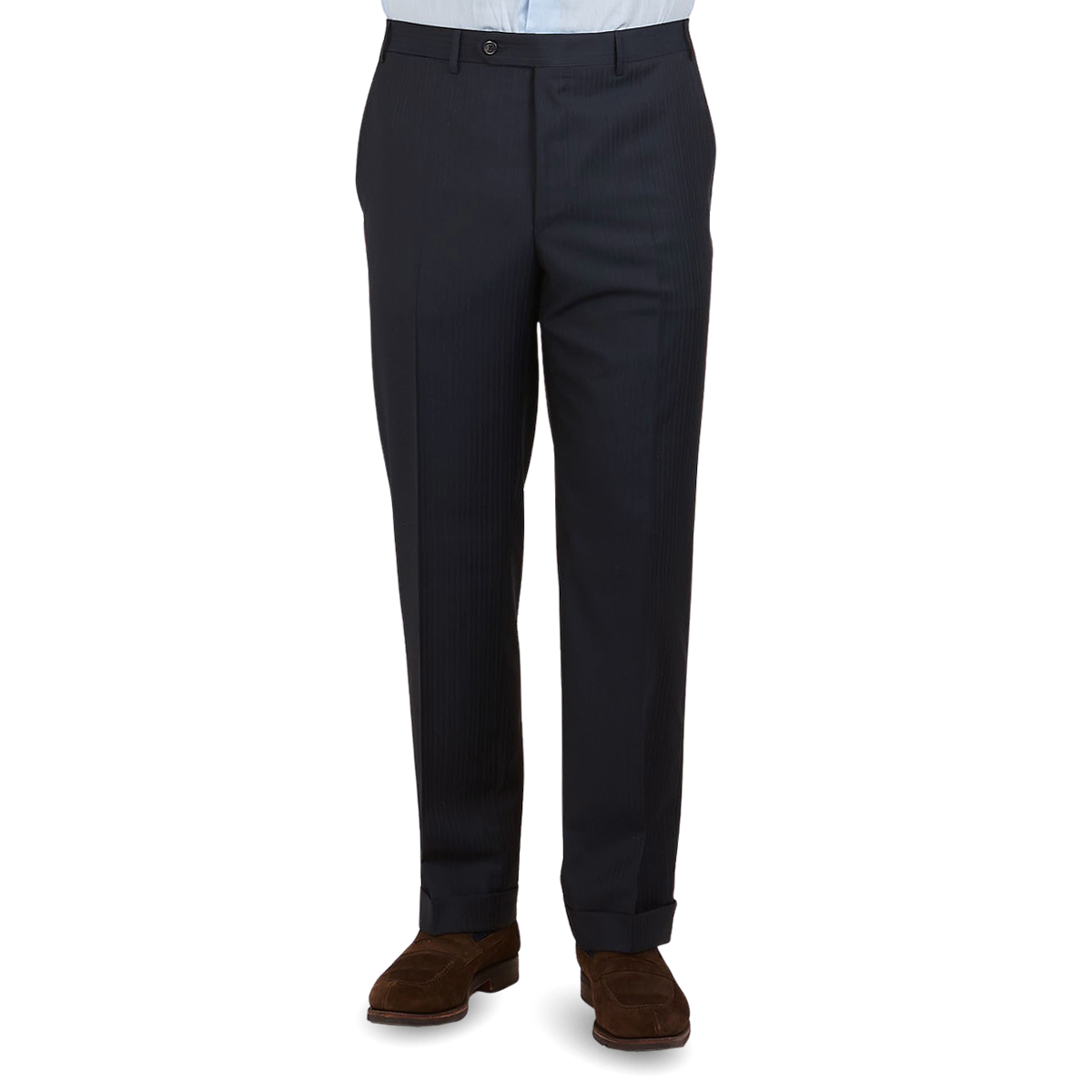 Canali Navy Pinstripe Super 150s Wool Drop 4 Suit Trousers Front