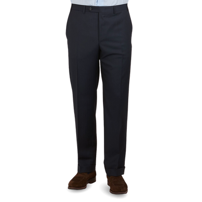 Canali Navy Pinstripe Super 150s Wool Drop 4 Suit Trousers Front
