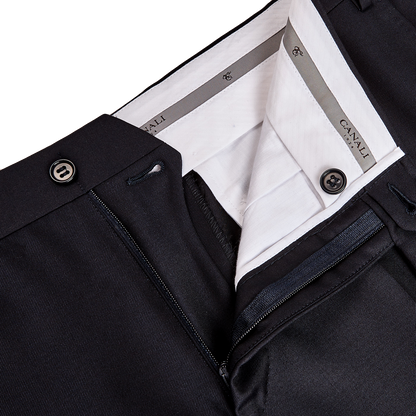 A close up of the pocket of a Canali Navy Blue Wool Notch Lapel Suit pant, showcasing its formal dark shade.