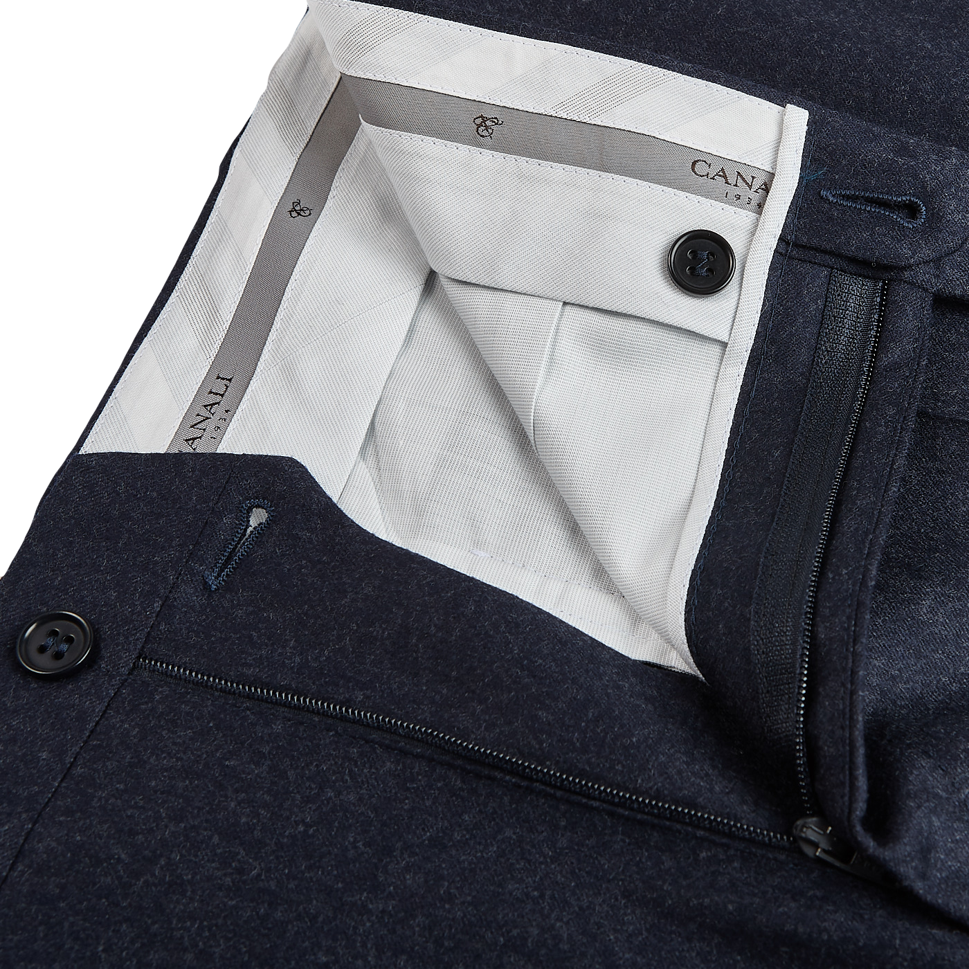 Canali Navy Wool Flannel Flat Front Trousers Zipper