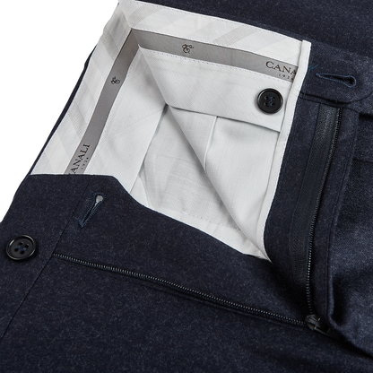 Canali Navy Wool Flannel Flat Front Trousers Zipper