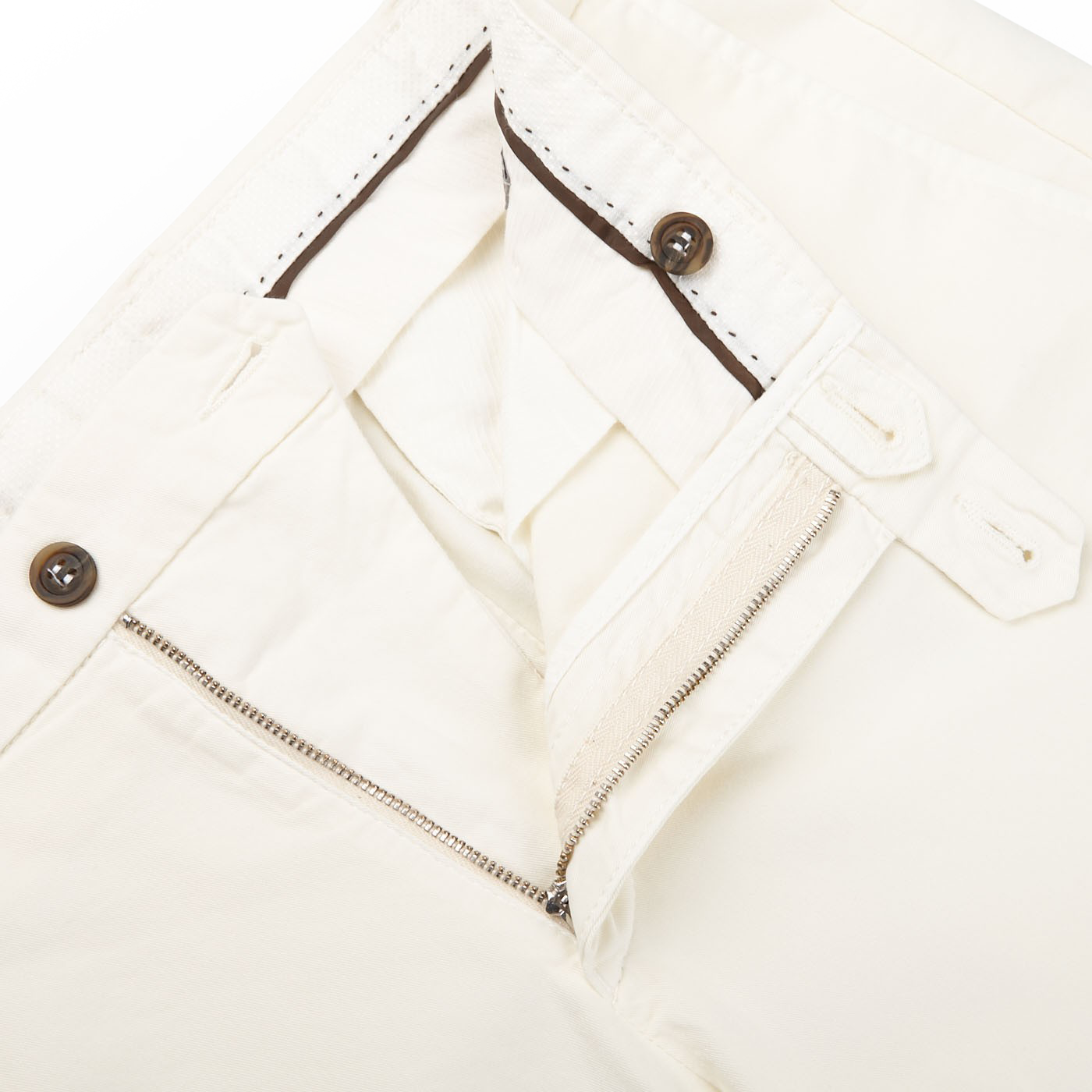 Canali Off-White Cotton Stretch Flat Front Chinos Zipper