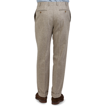 Canali Taupe Beige Wool Flannel Flat Front Trousers Back