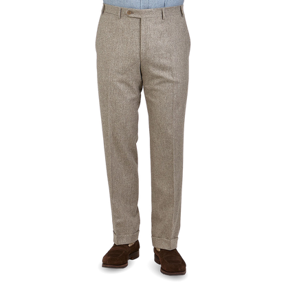 Canali Taupe Beige Wool Flannel Flat Front Trousers Front