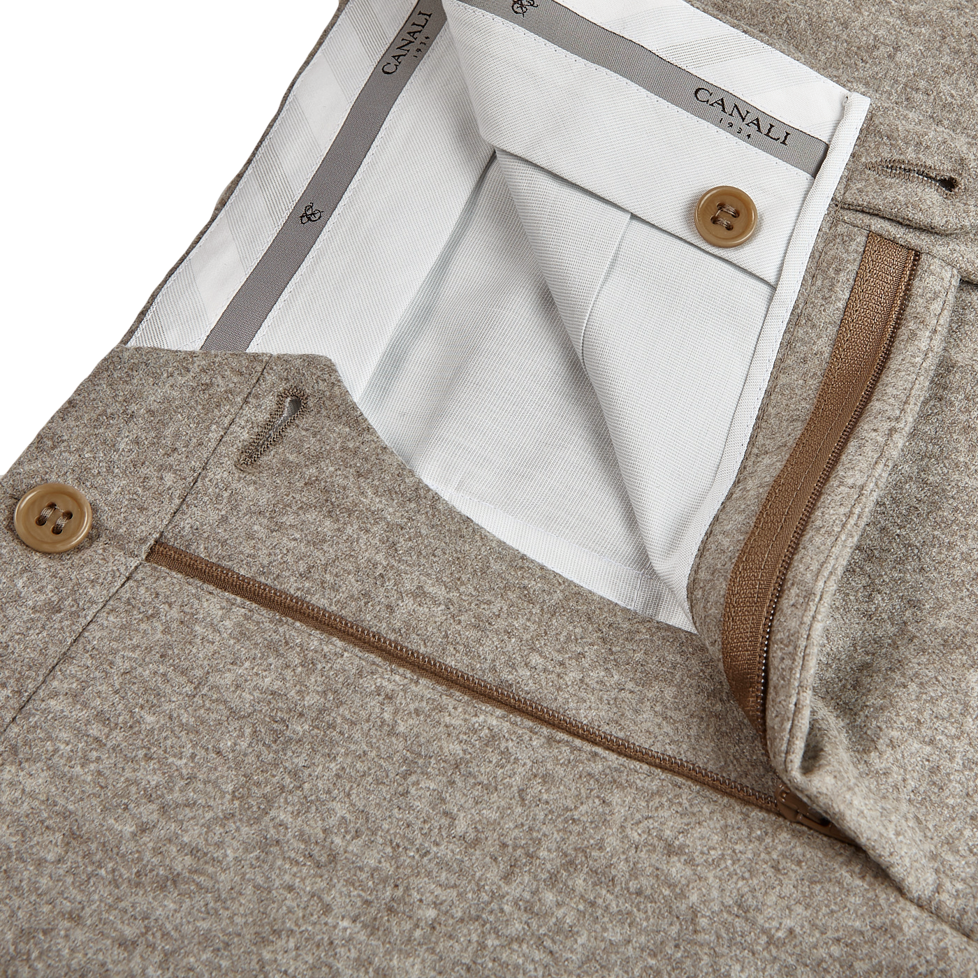 Canali Taupe Beige Wool Flannel Flat Front Trousers Zipper